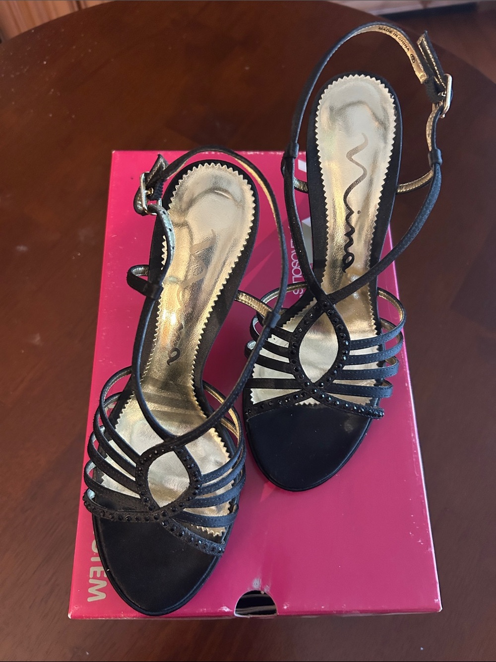 Touch of Nina Black Strappy Slingback Heels with Gold Insole